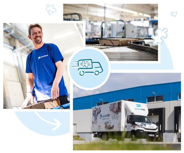 Kompetenta medarbetare organiserar transporten av våra pussel till för närvarande 23 länder. I Europa eller Nordamerika: Pussel från puzzleYOU kommer till dig inom några dagar.