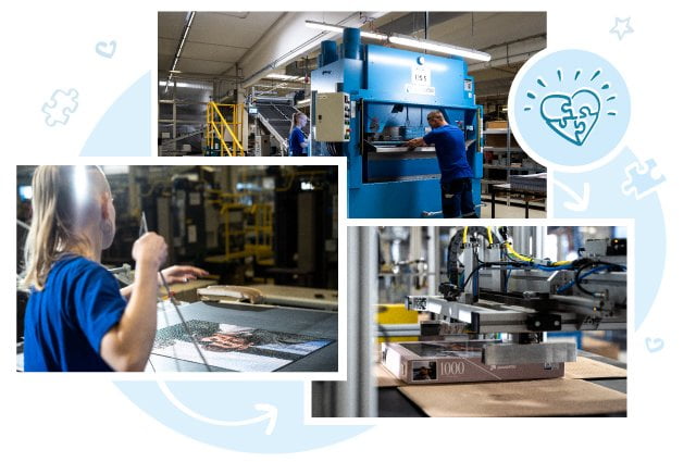 Var och en av våra kunders personliga pussel och memospel är stansade med precisionsknivar och förpackade i individuellt skapade lådor.